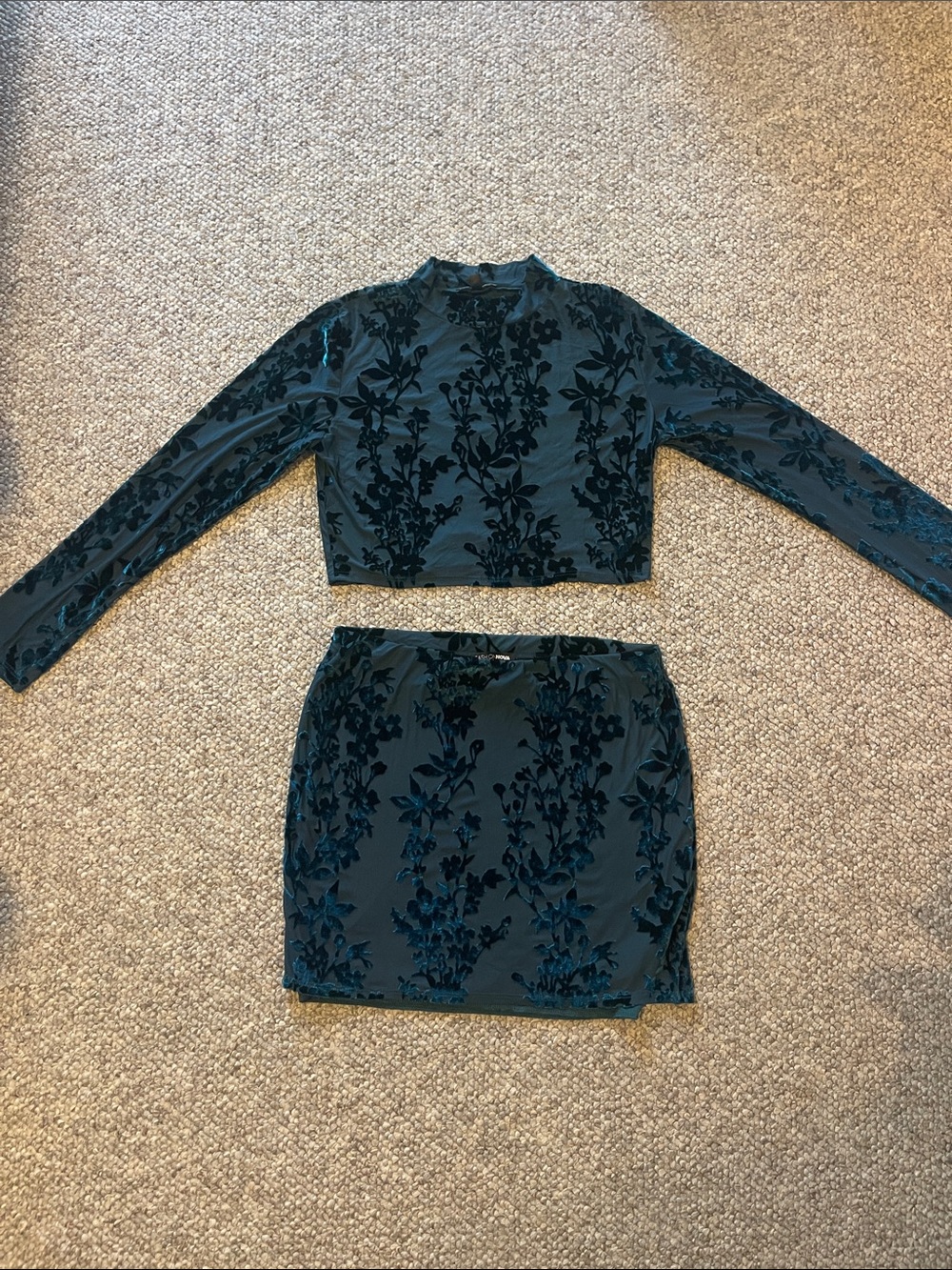 Velvet Floral Sheer Two-Piece Mini Skirt Long sleeve Set - Dark Green